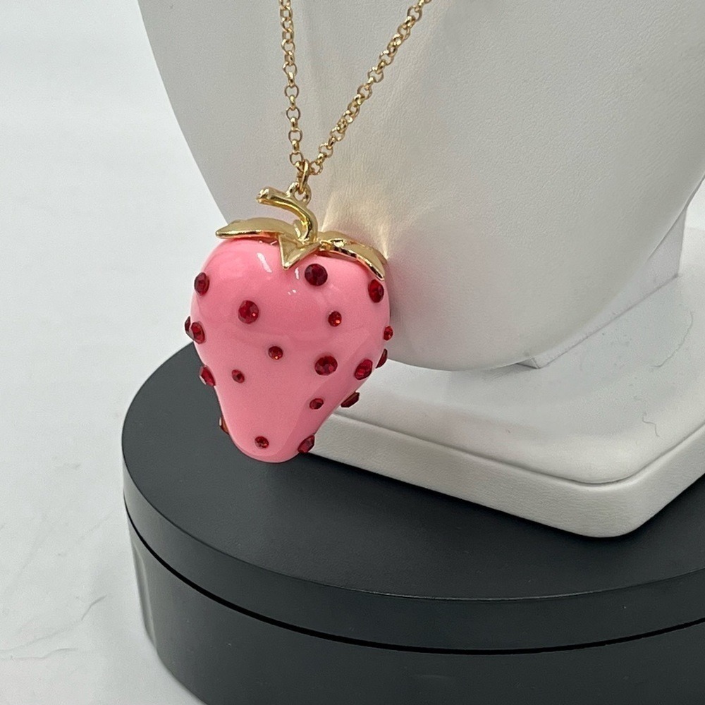 Betsy Johnson Pink Strawberry Red Rhinestone Baby Cakes Necklace Gold Tone New - Picture 2 of 13